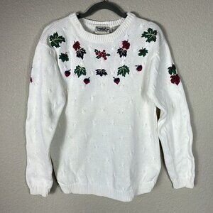 Northern Reflections Knit Ivory White Harvest Fall Leaves Sweater Crewneck Sz S